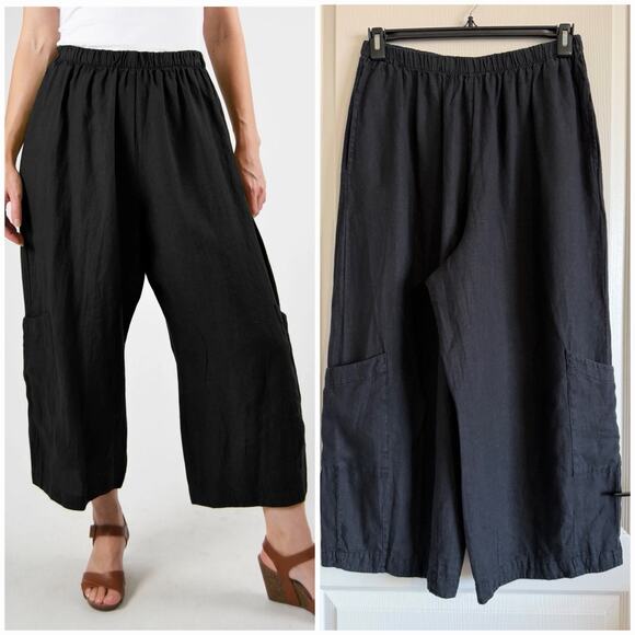 Bryn Walker Pants - Bryn Walker 100% Linen Pants Women’s M Black Wide Leg Lagenlook Pull On Cropped